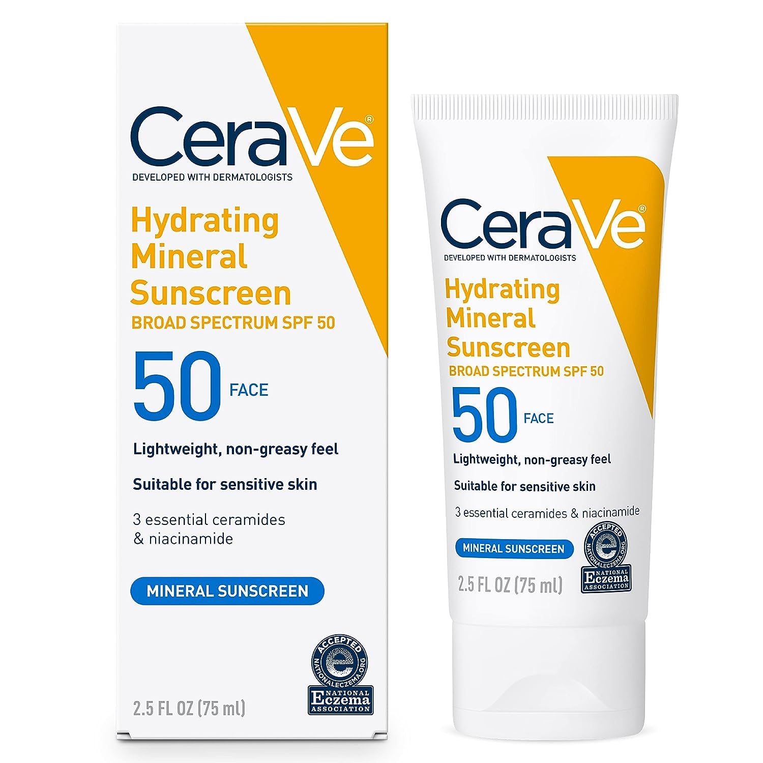 CeraVe 100% Mineral Sunscreen SPF 50 | Face Sunscreen with Zinc Oxide & Titanium Dioxide for Sensitive Skin | With Hyaluronic Acid, Niacinamide, and Ceramides | 2.5 oz - 24hrsmart